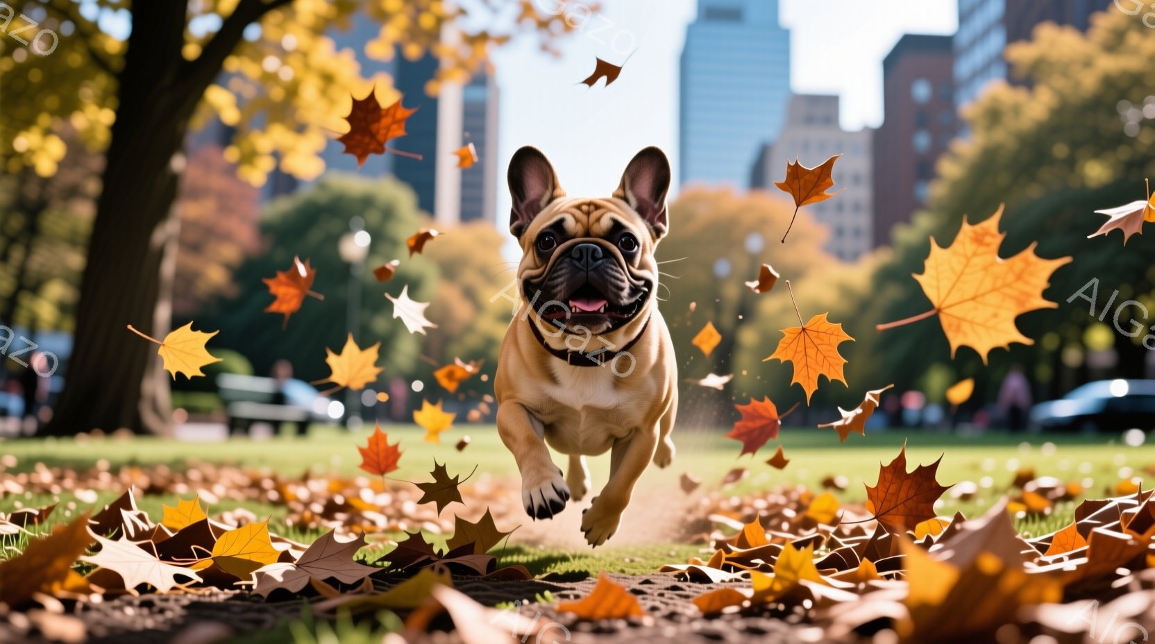 浅い茶色の毛並みのフレンチブルドッグが、落ち葉が舞う公園を勢いよく駆けている。犬は首輪をつけており、口を開けて楽しそうに舌を出している。背景には緑の芝生、木々、そして遠くに見える高層ビル群がぼやけており、秋の穏やかな雰囲気が漂っている。