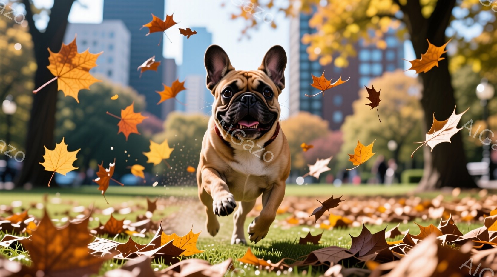 秋の公園を茶色のフレンチブルドッグが勢いよく駆けている様子が写っている。背景には緑の芝生、紅葉した木々、そして遠くに見える高層ビルがぼやけて写っており、秋の穏やかな晴天の日を表現している。犬は口を開け、楽しそうに走り回っており、その姿は躍動感に満ちている。