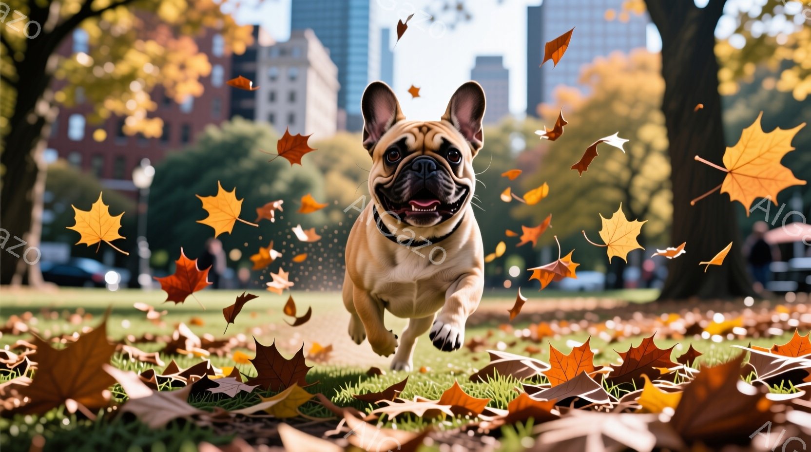 クリーム色のフレンチブルドッグが、秋の公園で落ち葉の中を駆けている。犬は嬉しそうな表情で、舌を少し出し、活気に満ちた走りを見せている。背景には緑豊かな芝生と木々、そして遠くに見える建物がぼやけており、秋の暖かく明るい雰囲気が漂っている。