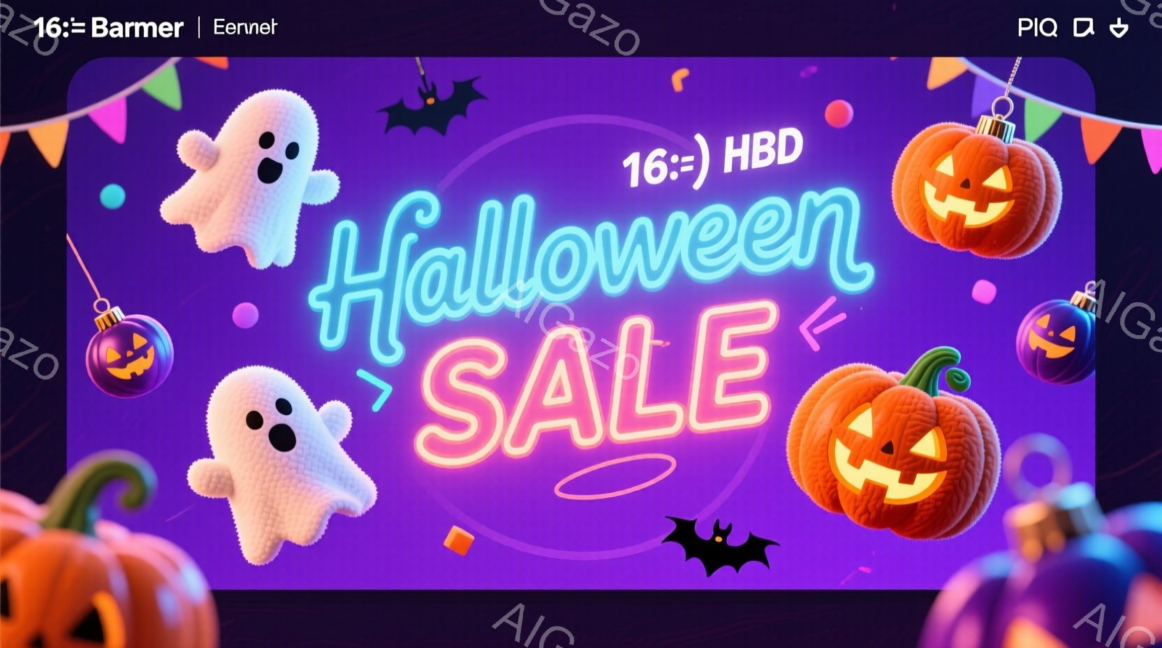 明るい紫色を背景に、ハロウィーンをテーマにしたイラストレーションです。カボチャのランタンや幽霊、コウモリなどが浮かび上がり、「SALE」という文字が大きく描かれています。全体的にポップで楽しい雰囲気で - AI生成フリー素材