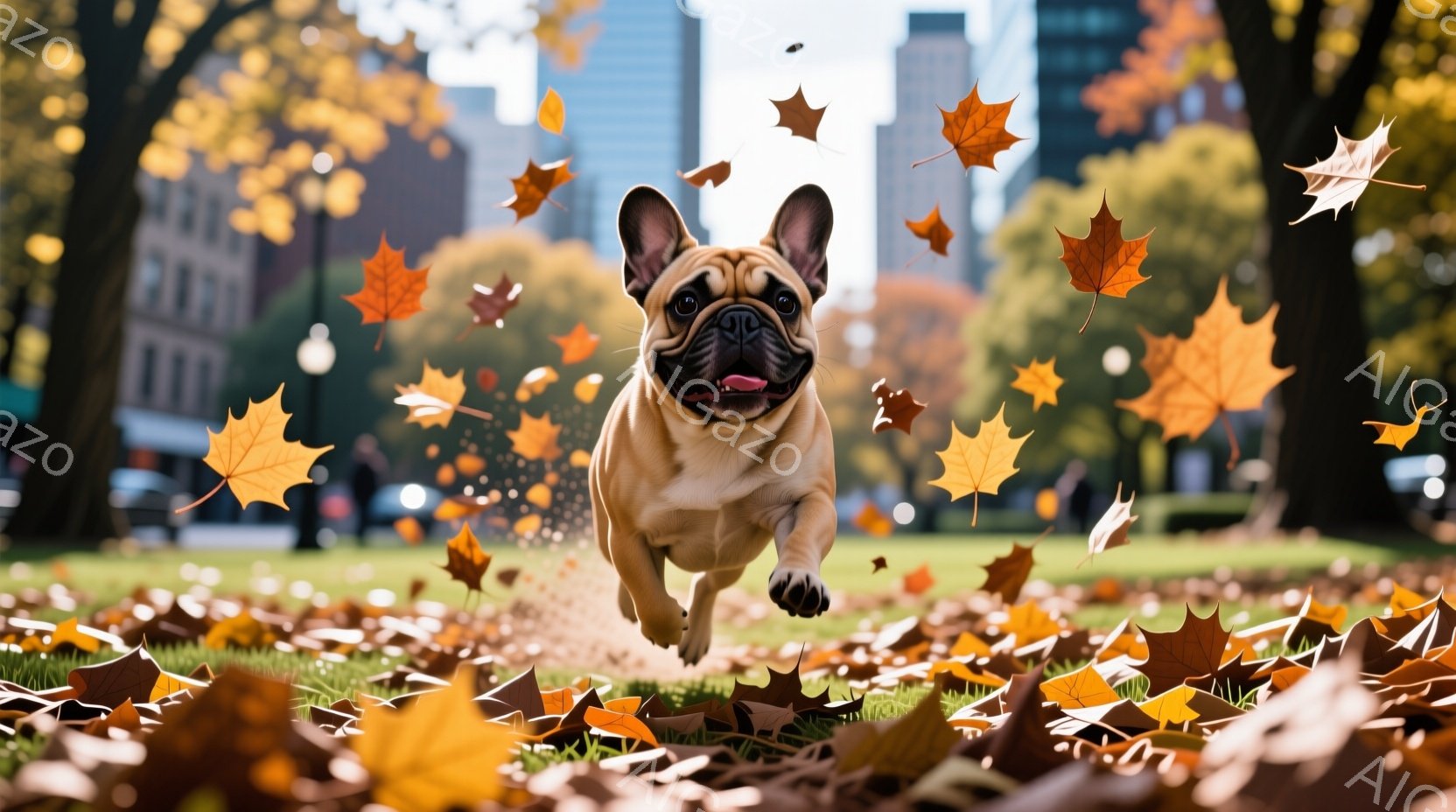 茶色のフレンチブルドッグが緑の芝生の上を勢いよく走っており、周囲には舞い散る紅葉が飛び交っています。背景には高層ビル群と木々が見え、秋の晴れた日の穏やかな公園の様子が表現されています。犬は口を開けて楽しそうに走り、活気と喜びを感じさせる一枚です。