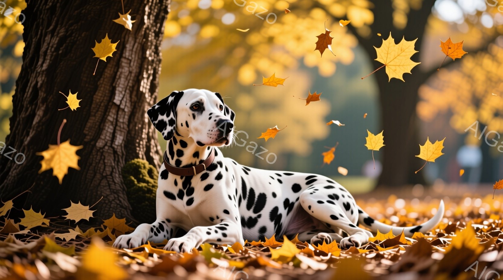 白地に黒い斑点模様のダルメシアンが、秋の森の中で木の根元に横たわっています。背景には鮮やかな紅葉が舞い散り、地面も落ち葉で覆われ、暖かく穏やかな秋の雰囲気が漂っています。ダルメシアンは首輪をつけ、リラ - AI生成フリー素材