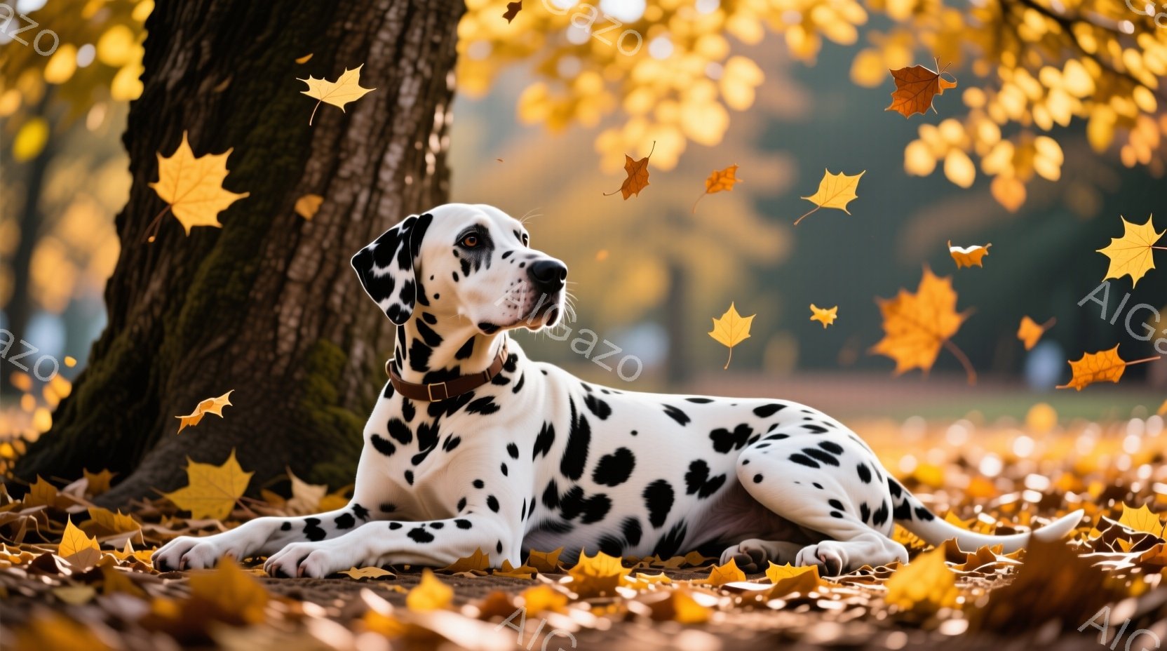白地に黒い斑点模様のダルメシアンが、木の根元でリラックスして横たわっています。周囲には落ち葉が舞い散り、背景は秋の暖かい光に包まれた自然豊かな公園です。穏やかで優雅な雰囲気が漂い、季節の美しさを際立た - AI生成フリー素材