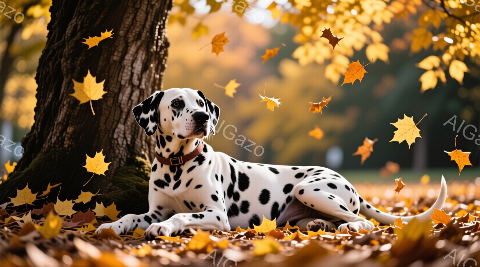 白地に黒い斑点模様のダルメシアンが、木の根元でリラックスして横たわっています。周囲には舞い散る紅葉が舞い、地面には落ち葉が敷き詰められ、秋の穏やかな雰囲気を醸し出しています。ダルメシアンは茶色の首輪を - AI生成フリー素材