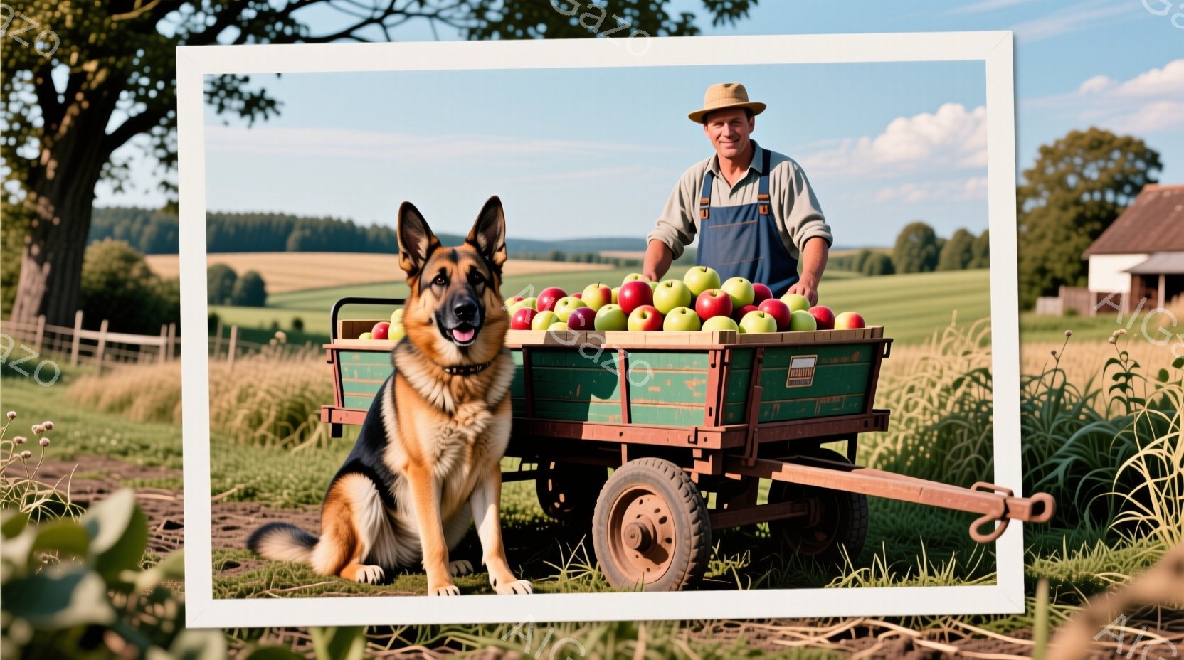 緑豊かな畑の中で、犬が緑色の荷車に積まれた赤いリンゴの隣に座っています。男性は麦わら帽子とオーバーオールを着て、荷車の後ろに立っており、穏やかな微笑みを浮かべています。背景には、木々や農家が見え、晴れ - AI生成フリー素材