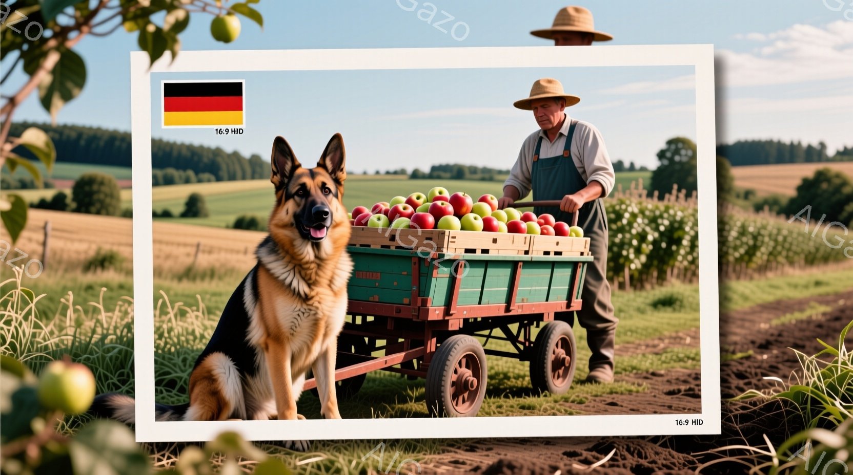 灰色の毛並みのジャーマンシェパードが、リンゴの積まれた荷車を見つめて立っている。背景には、麦畑と緑豊かな風景が広がり、農夫が荷車を押している。全体的に穏やかで牧歌的な雰囲気で、秋の収穫を思わせる暖かさがある。