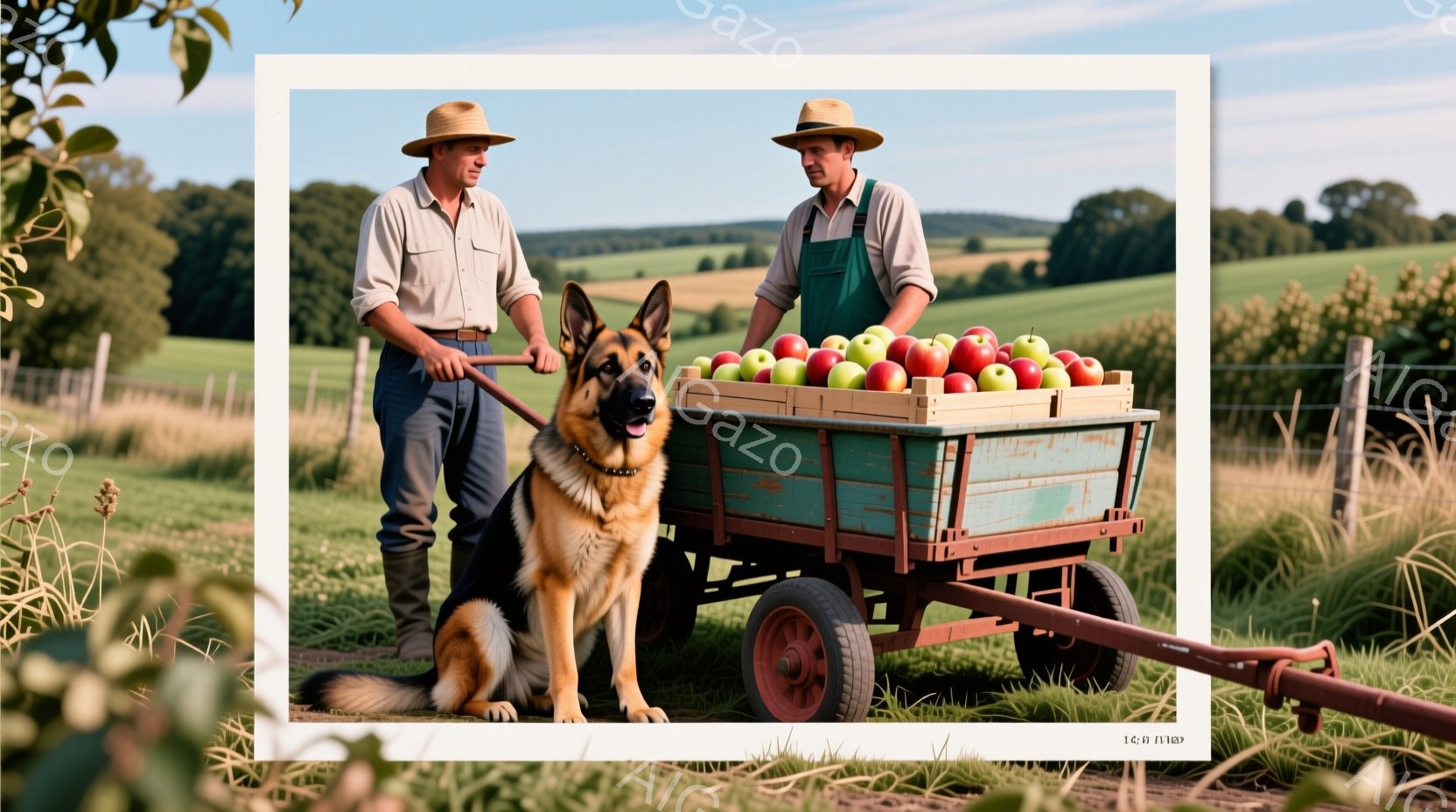 2人の男性が、リンゴの積まれた手押し車を引いています。彼らはデニムのオーバーオールを着ており、一人は帽子を被っています。背景には緑豊かな丘陵地帯が広がり、晴天の下、穏やかな田園風景が広がっています。