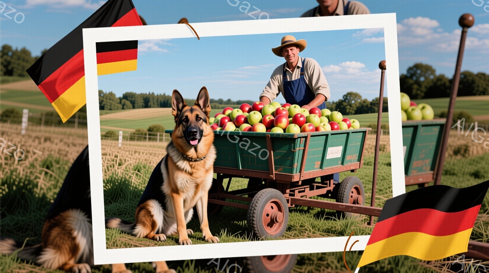 麦畑の中に緑色の荷車があり、赤いリンゴがたっぷり積まれています。男性はオーバーオールと帽子を着用し、笑顔でリンゴの荷車に寄りかかっています。そばにはドイツシェパードが座り、穏やかな表情でカメラの方を見ています。