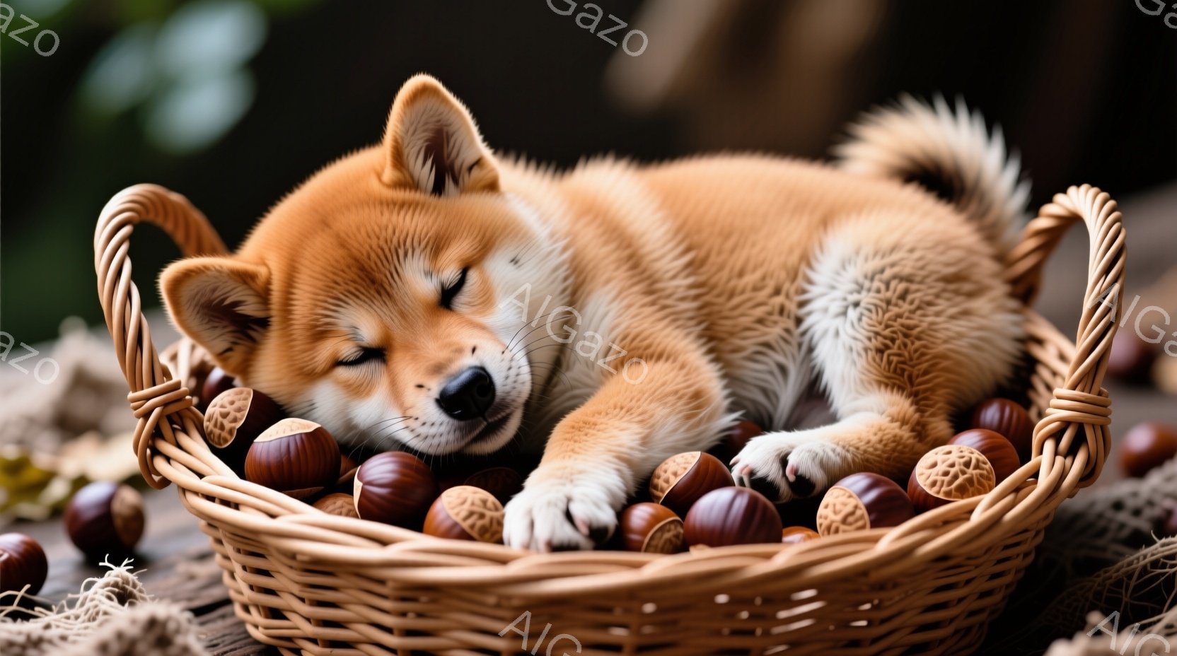 籠の中に可愛らしい柴犬の子犬が丸まって眠っています。周りには栗が敷き詰められており、秋の温かく穏やかな雰囲気を醸し出しています。背景はぼかされており、自然な木の色が見え、暖かくリラックスした印象を与え - AI生成フリー素材