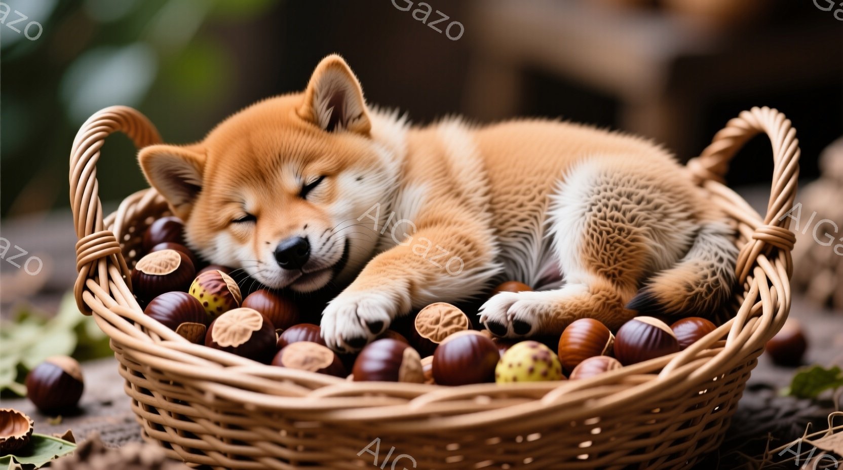 籠の中に、ふわふわとした赤褐色の柴犬の子犬が丸まって眠っています。周りには栗が散らばっており、秋の収穫を思わせる、暖かく穏やかな雰囲気が漂っています。背景はぼかされており、自然の中でリラックスした様子 - AI生成フリー素材