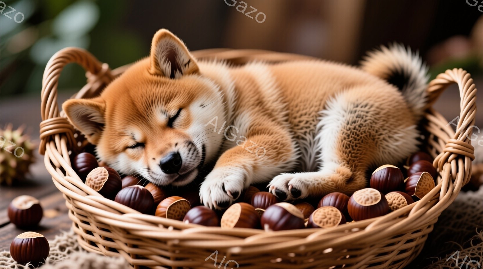 籠の中に子犬が丸まって眠っています。周りには栗が散りばめられ、秋の温かく穏やかな雰囲気を醸し出しています。子犬はオレンジ色の毛並みで、足先が白く、とても可愛らしい姿をしています。 - AI生成フリー素材