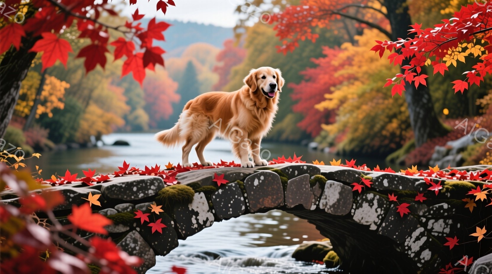 美しい秋の風景の中に、金色のレトリバーが石造りのアーチ橋の上に立っている。橋の表面と周囲には紅葉が散りばめられ、鮮やかな色彩が背景の緑と調和している。犬はリラックスした姿勢で前方をまっすぐ見つめ、穏や - AI生成フリー素材