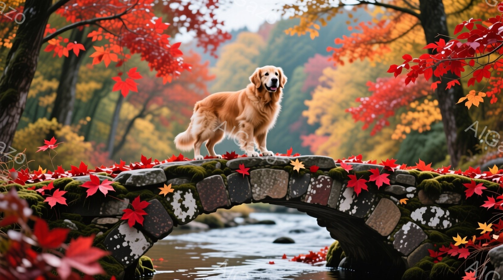 鮮やかな紅葉に囲まれた石造りのアーチ橋の上で、ゴールデンレトリバーが堂々と立っている。犬は穏やかな表情で、毛並みは秋の光に照らされ輝いている。背景には、燃えるような紅葉の木々と、きらめく水面が広がり、暖かく穏やかな秋の雰囲気を醸し出している。
