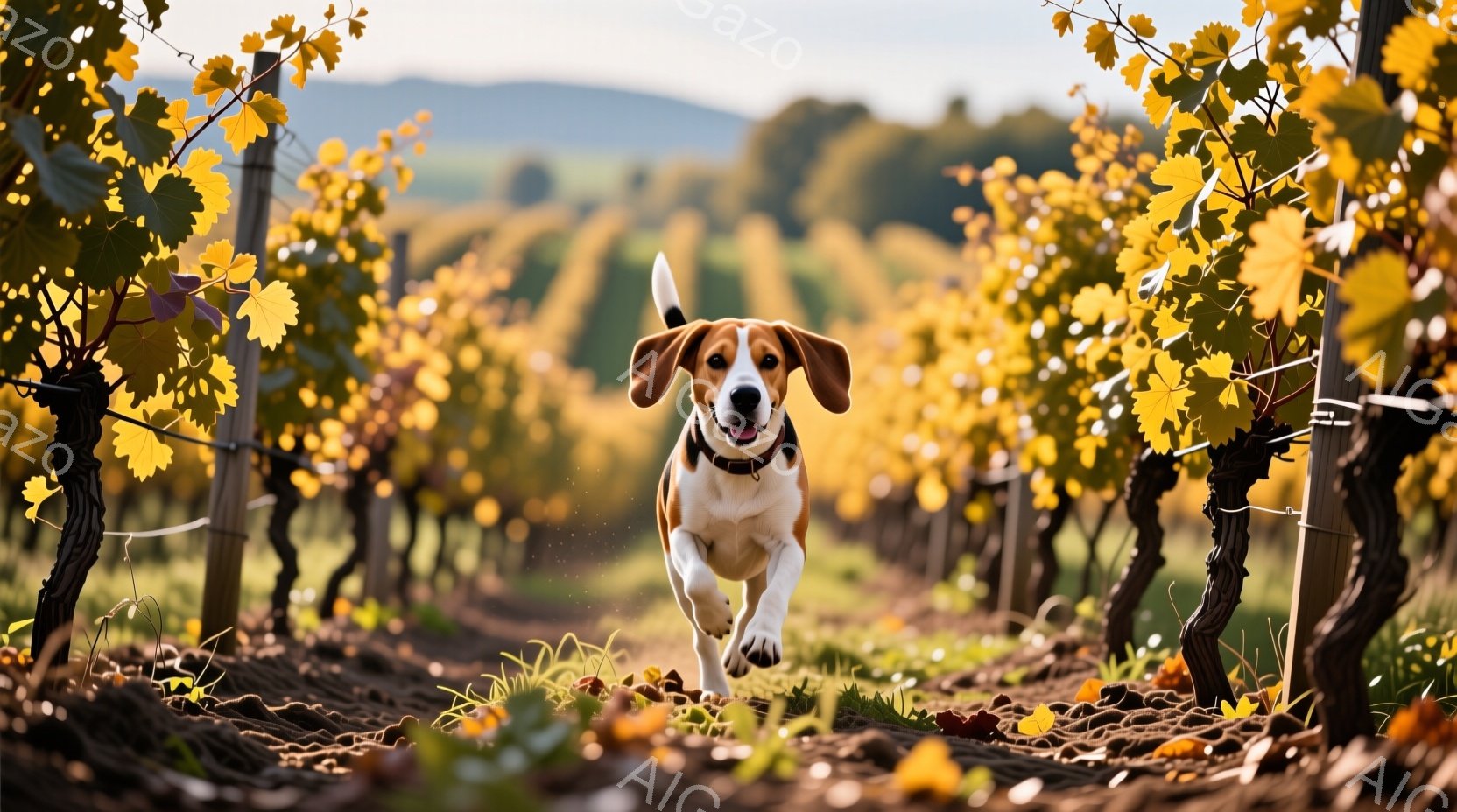 黄金色のブドウ畑の中を、ビーグル犬が力強く走り抜けている。犬は嬉しそうに口を開け、前足を高く上げて躍動感のある姿を見せている。背景には秋らしい色のブドウの葉が広がり、暖かく、穏やかな雰囲気を醸し出している。