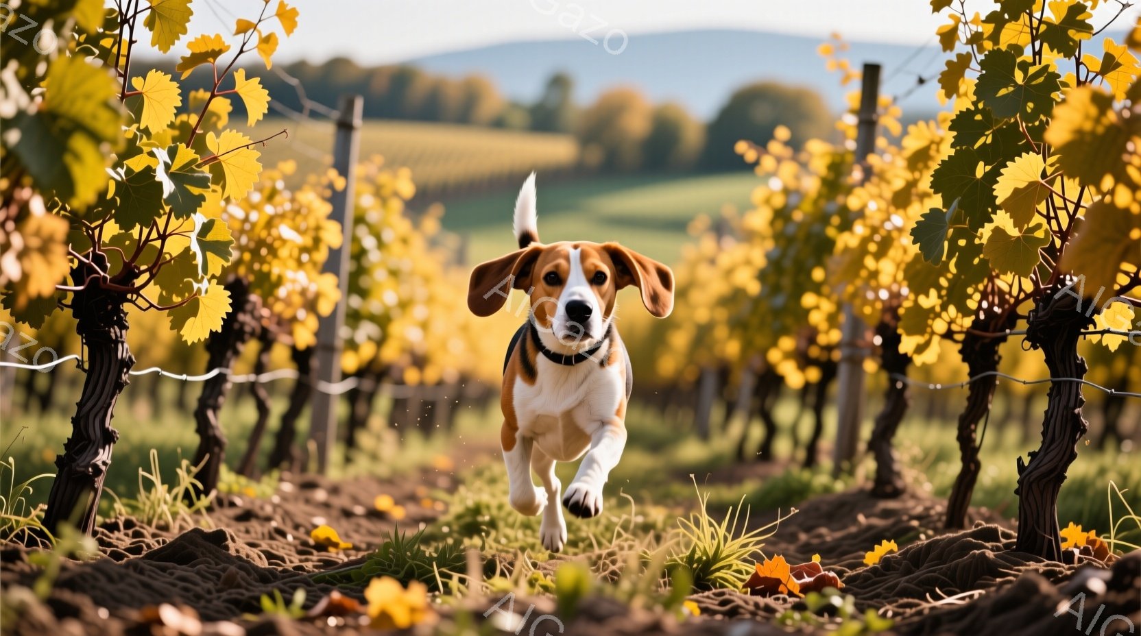 茶色と白のビーグル犬が、ブドウ畑の中を勢いよく走っている。秋のブドウ畑は、葉が黄色やオレンジ色に変わり、地面には落ち葉が散らばっている。背景には、遠くの丘陵地帯が見え、穏やかな秋の天気が感じられる。