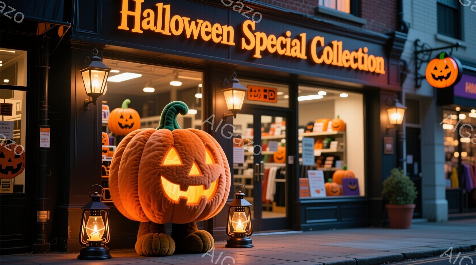 ハロウィーンの特別コレクションを宣伝する店の前に、光る大きなジャック・オ・ランタンが並べられています。路面は石畳で、店のウィンドウには様々なハロウィーングッズが飾られ、背景には薄暗い街並みが広がっています。暖色の光がハロウィーンの楽しい雰囲気を醸し出しており、穏やかで少し幻想的な夜の情景が描かれています。