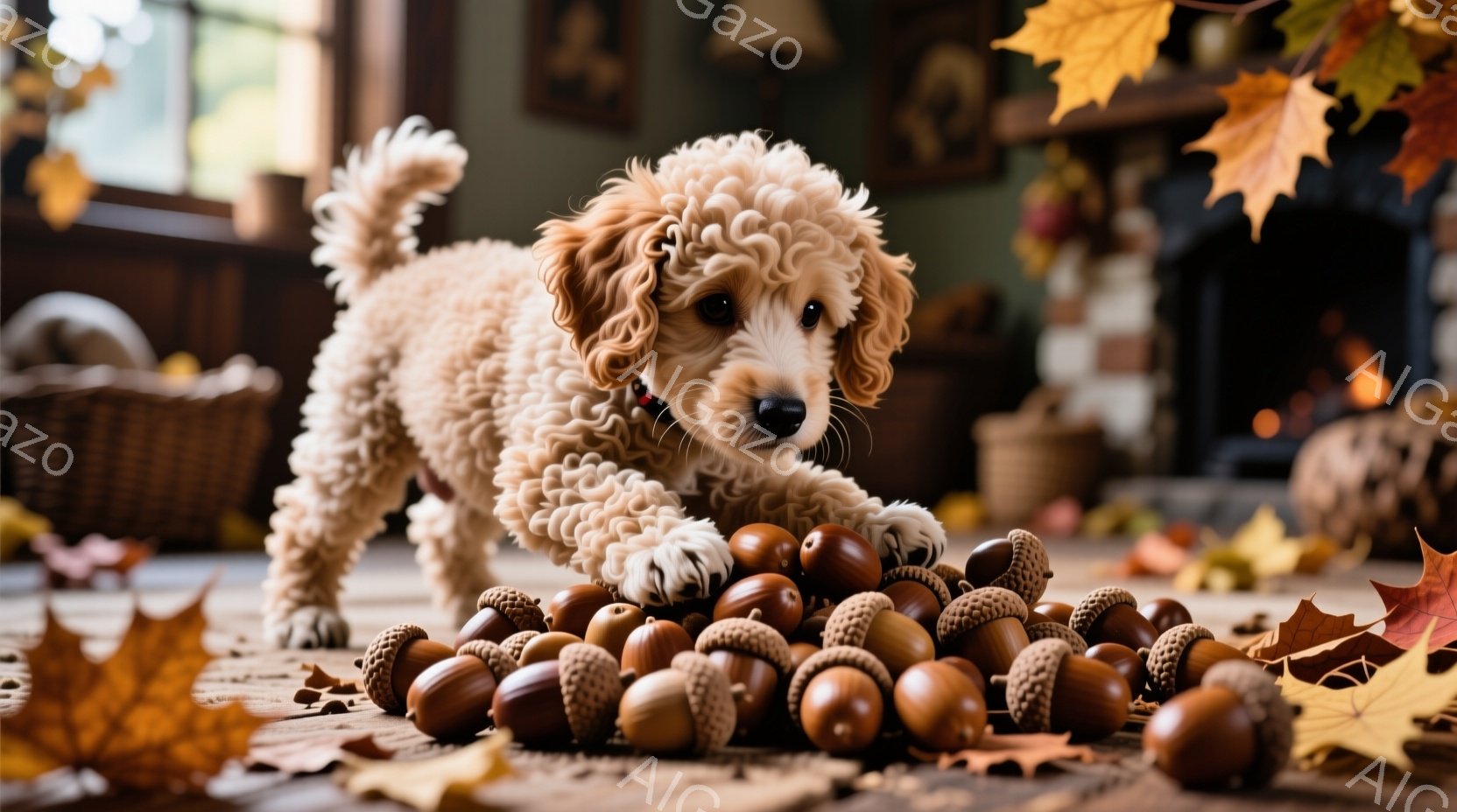 ふわふわのクリーム色の巻き毛の犬が、たくさんのドングリに囲まれて遊んでいます。犬は前足でドングリを軽く押すように触れ、好奇心旺盛な表情をしています。背景には、籐のバスケットや暖炉が見え、秋の暖かく心地よい雰囲気を醸し出しています。