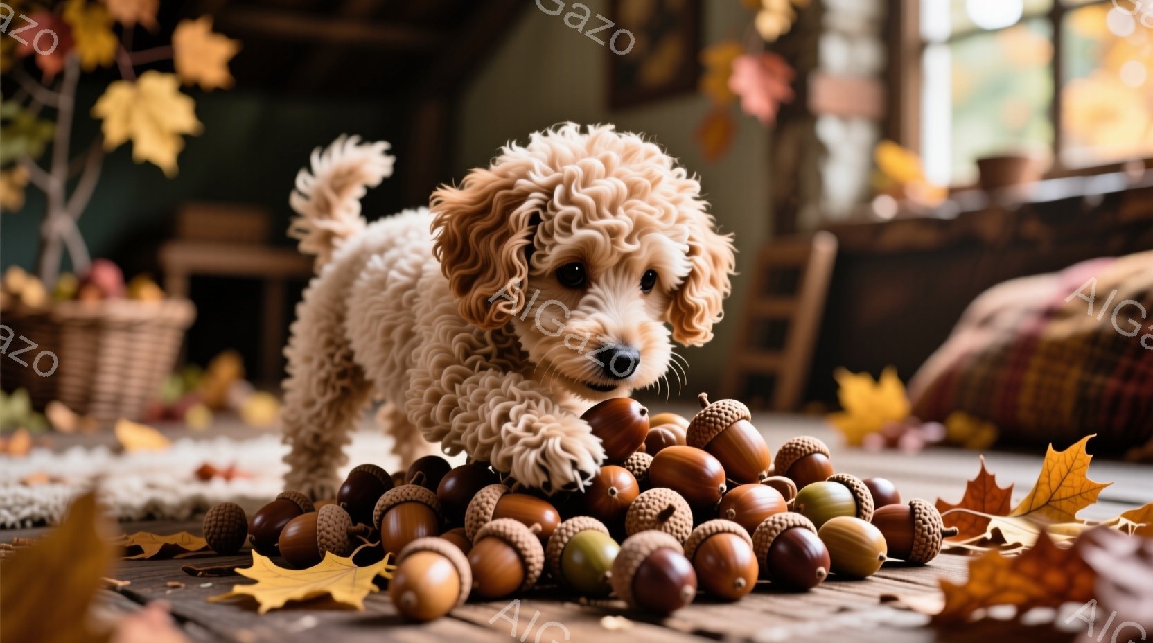 柔らかいクリーム色の巻き毛の犬が、たくさんのドングリの山の上に立ってこちらを見ています。背景には、木製の床、バスケット、そして鮮やかな紅葉が散りばめられており、秋の暖かく穏やかな雰囲気が漂っています。犬は好奇心と少しの遊び心を見せる表情で、可愛らしさを強調しています。