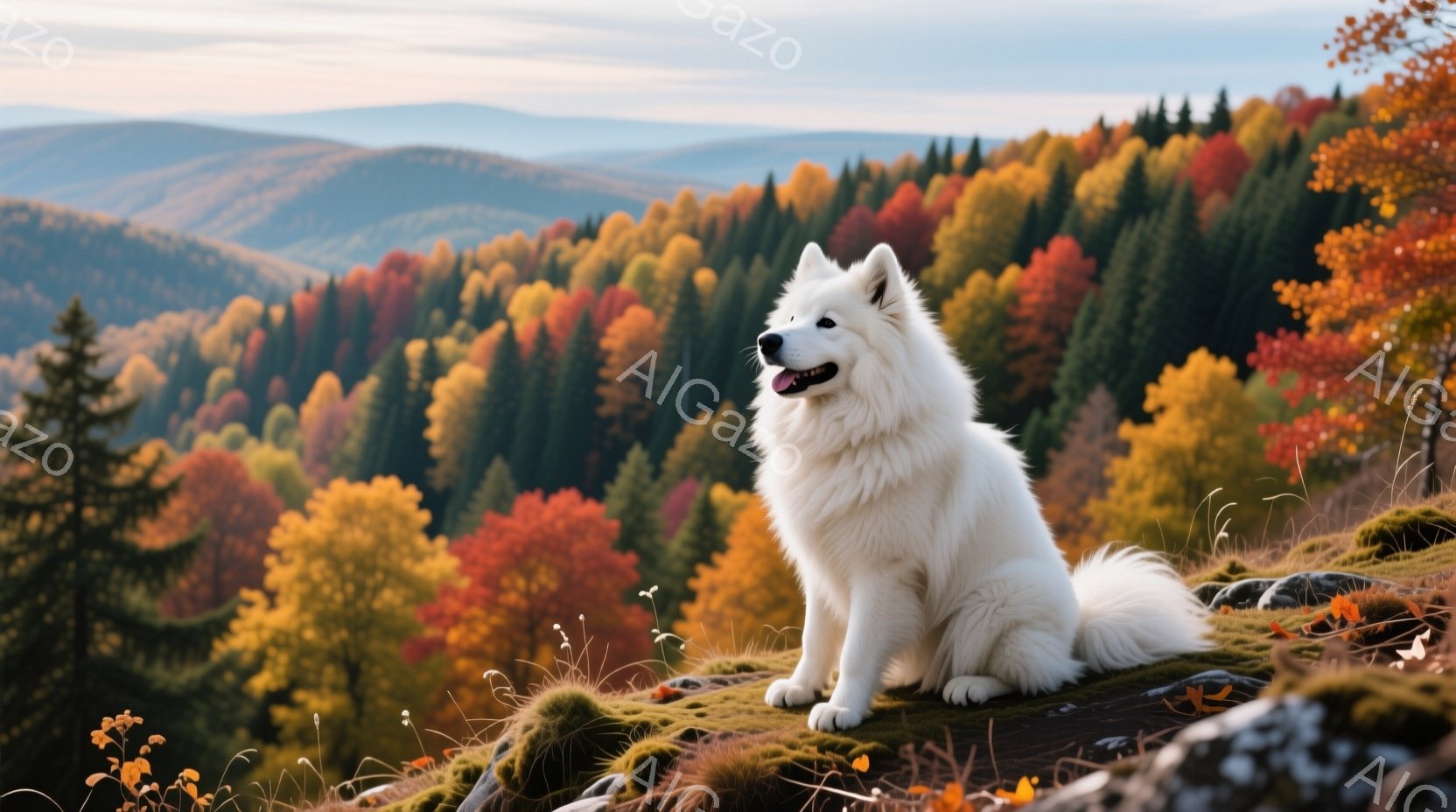 白い毛並みの大きな犬が、緑と茶色の苔むした岩の上に座って、遠くの紅葉の美しい森を見下ろしている。犬は口を開けて微笑んでいるように見え、穏やかでリラックスした表情をしている。背景には、鮮やかな赤、オレン - AI生成フリー素材