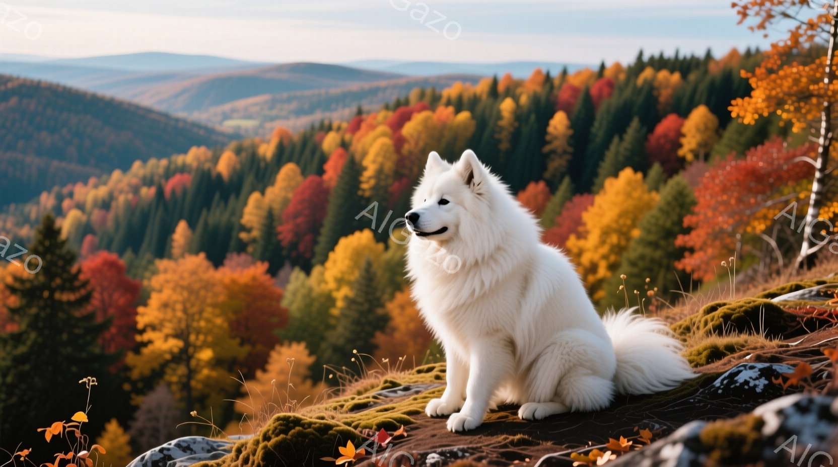 白い毛並みの犬が、緑とオレンジ色の苔むした岩の上に座っています。背景には、秋の紅葉で彩られた森林が広がり、遠くには山々が連なっています。犬は少し横を向き、穏やかな表情で遠くを見つめており、平和で穏やかな雰囲気が漂っています。
