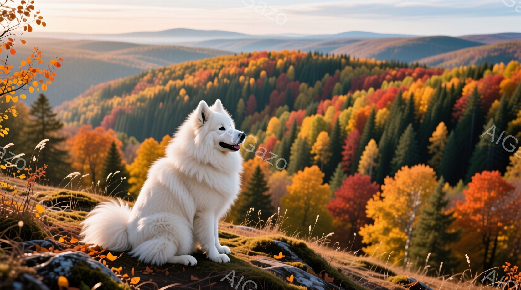 白い毛並みの大きな犬が、秋の紅葉に染まった山々の丘の上に座っています。犬は少し横を向き、穏やかで満足そうな表情をしています。背景には、鮮やかなオレンジ、赤、黄色の木々が広がり、遠くには霞んだ山並みが広がっています。