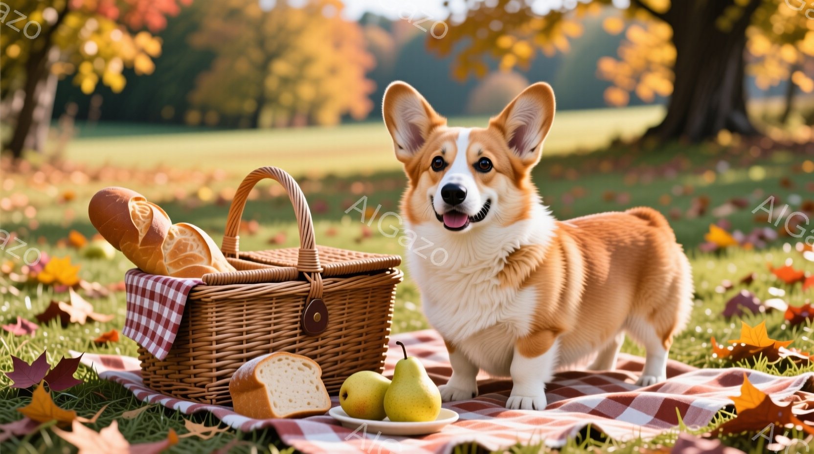 コルギ犬がピクニックの赤いチェックの敷物の上に立っており、横には編まれたバスケットと二つの梨が置かれている。犬は口を開けて笑顔を見せており、その表情は喜びと満足感に満ちている。背景には緑の芝生、落ち葉、そして木々が見られ、秋の穏やかなピクニックの雰囲気を醸し出している。