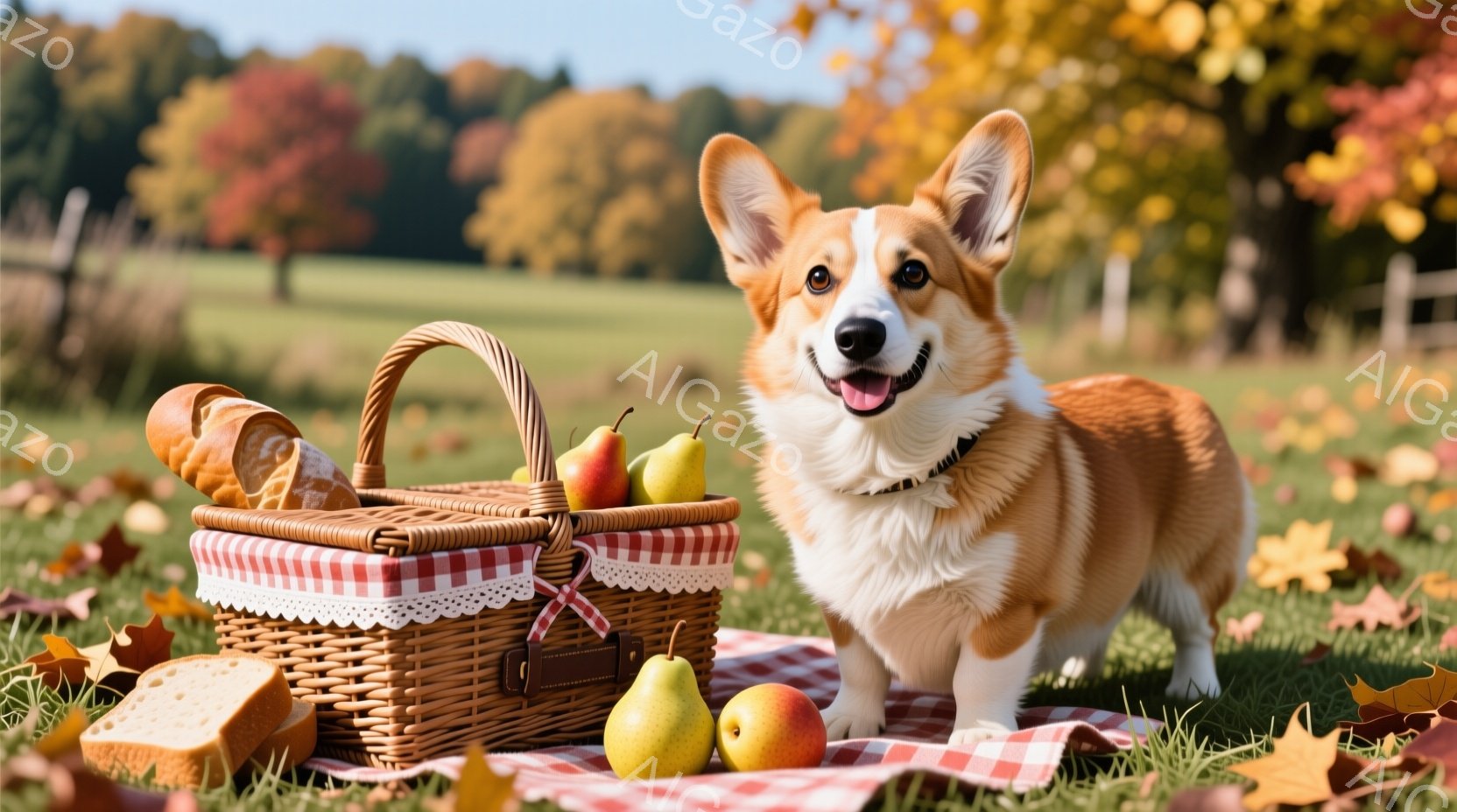 コルギ犬が、ピクニックバスケットの横で正面を向いて座っています。犬は白い胸と顔、茶色の体に黒い首輪をつけ、口を開けて笑顔を見せています。背景には緑の芝生、散らばる紅葉、そして遠くに見える木々があり、秋の穏やかなピクニックの雰囲気が漂っています。
