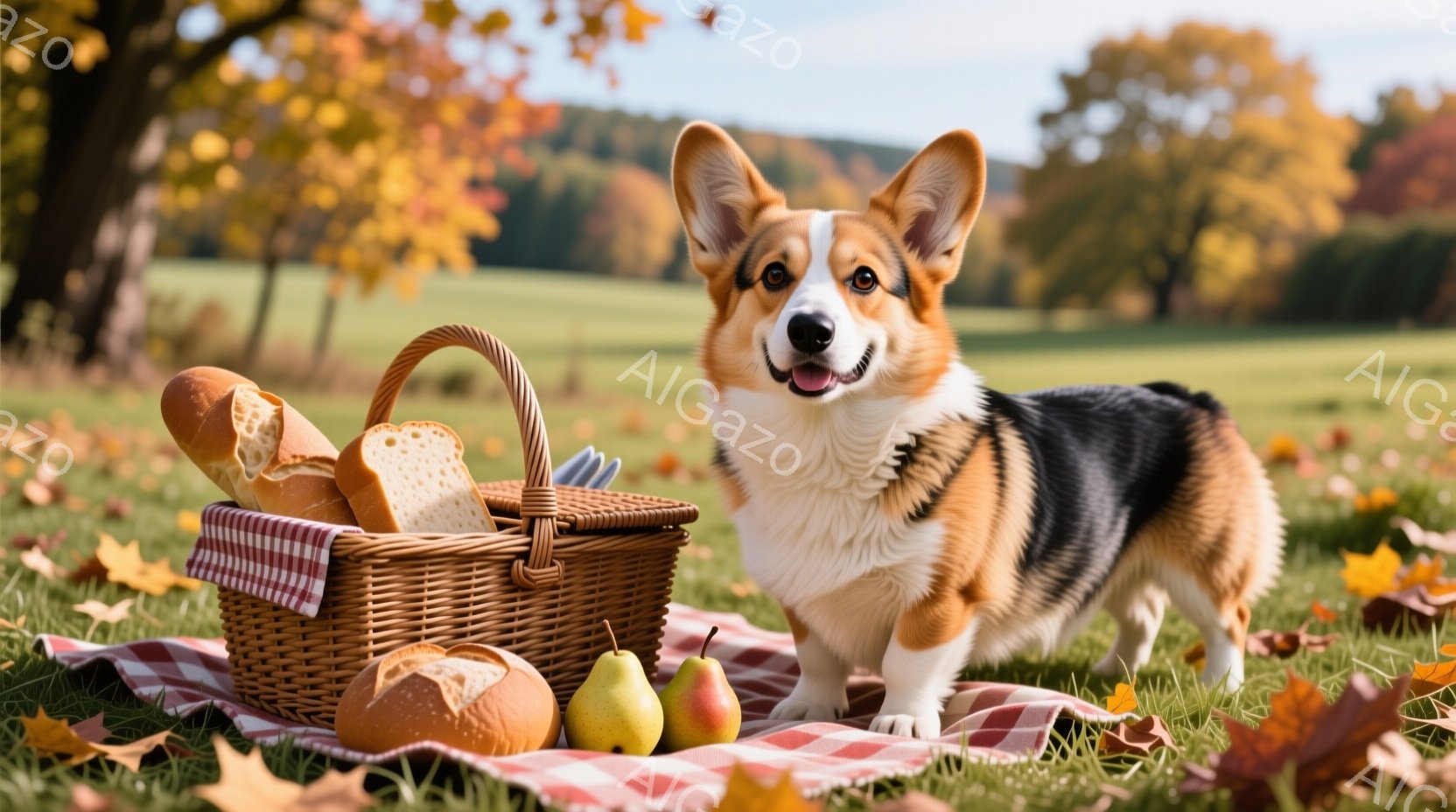 コルギ犬が、赤と白のチェック柄のピクニックブランケットの上に立っており、笑顔でカメラを見ています。編み込まれたバスケットにはパンや梨がいくつか入っており、周囲には秋らしい落ち葉が散らばっています。背景には緑の牧草地と木々が広がり、晴れた秋の日の穏やかな雰囲気を醸し出しています。