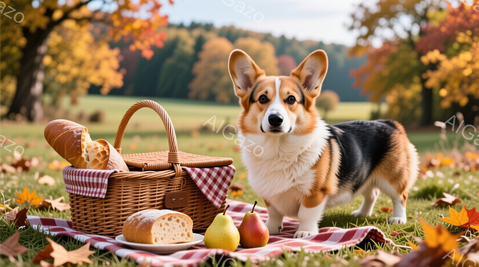 短毛のコーギー犬が、ピクニックの敷物と籐製のカゴの前に立っている。カゴにはパンがいくつか入っており、敷物の上には切ったパンと梨が置かれている。背景には緑の草地と紅葉した木々が広がり、秋の穏やかな雰囲気が漂っている。