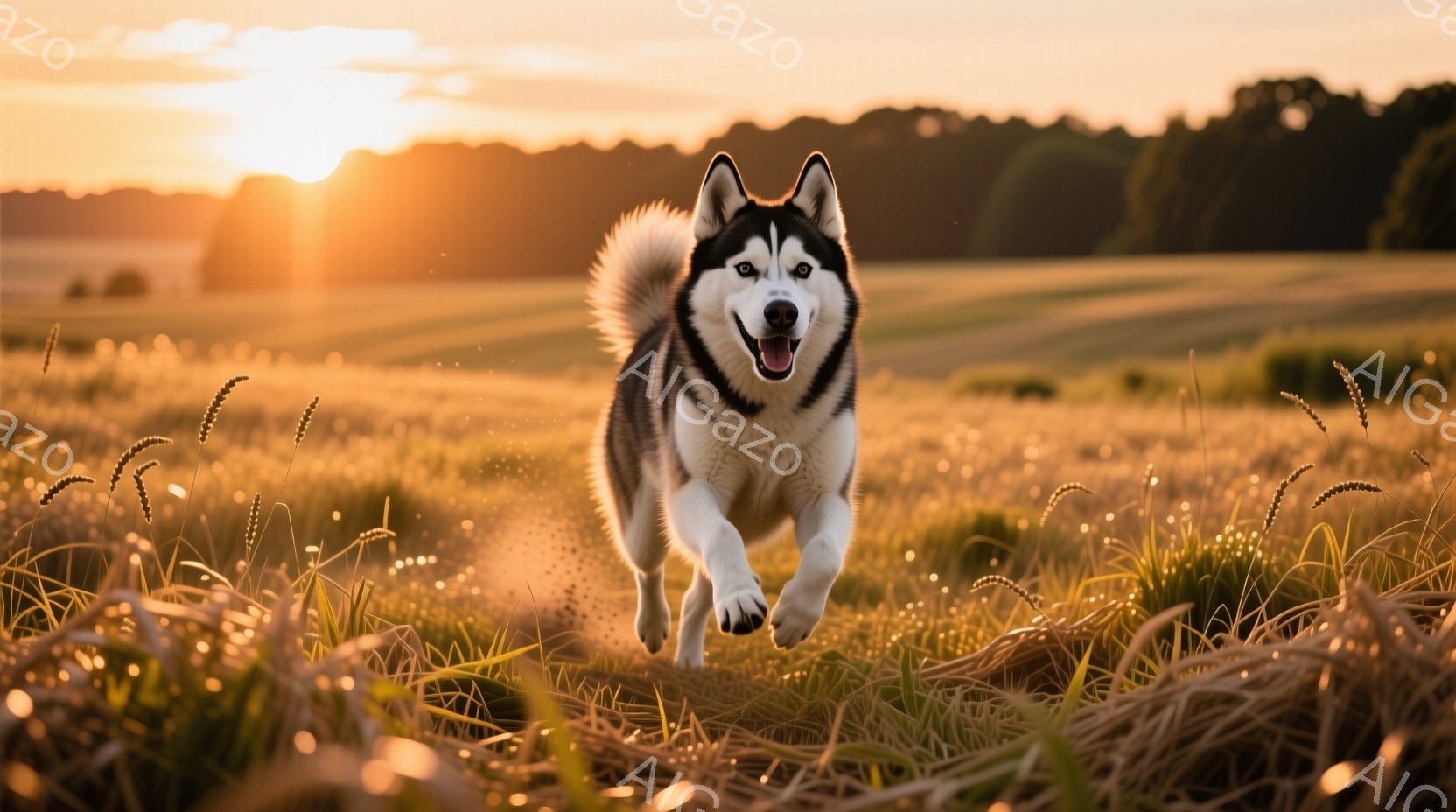 シベリアンハスキーが黄金色の草原を勢いよく駆け抜けている。太陽が沈みかける夕焼け空を背景に、犬は嬉しそうに口を開け、躍動感あふれる姿を見せている。背景には起伏のある草原と遠くの森林が見え、暖かい光に包まれた平和で自由な雰囲気が漂っている。