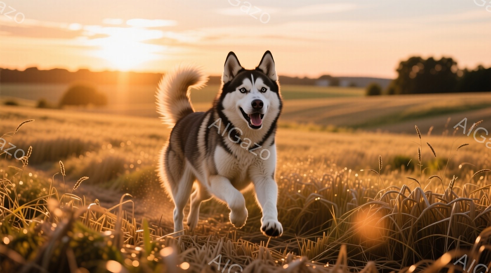 シベリアンハスキーが黄金色の麦畑を駆け抜けている。太陽が沈みかけ、暖かく柔らかな光が犬の毛並みを照らし、活気に満ちた表情が捉えられている。背景には緑の丘と空が広がり、穏やかで牧歌的な雰囲気を醸し出している。