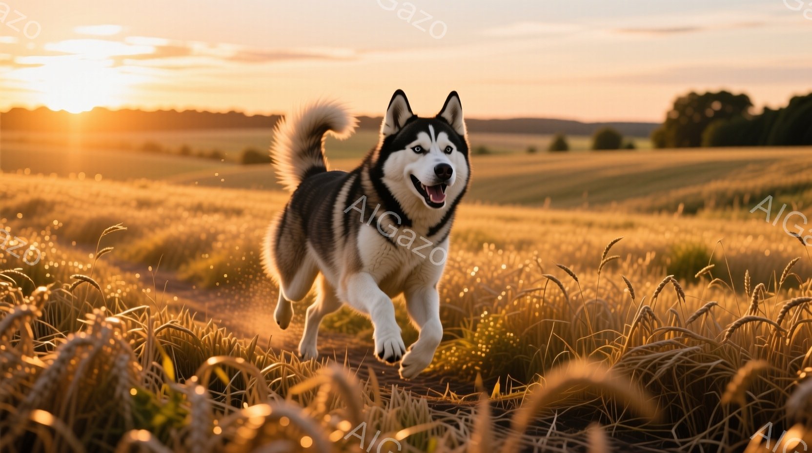 シベリアンハスキーが黄金色の麦畑を力強く駆け抜けている。太陽は地平線に沈みかけており、暖かく輝く光が犬と畑を照らし出している。背景には緑の木々が見え、穏やかで平和な雰囲気が漂っている。