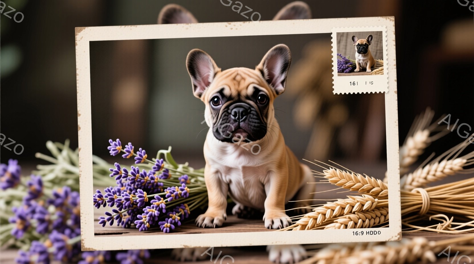 柔らかい毛並みのブリンドル模様のパグの子犬が、ラベンダーと小麦の穂に囲まれて座っています。子犬は前足を伸ばし、少し上目遣いでこちらを見ており、可愛らしい表情をしています。背景はぼかされており、暖かく、のどかな雰囲気を醸し出しています。