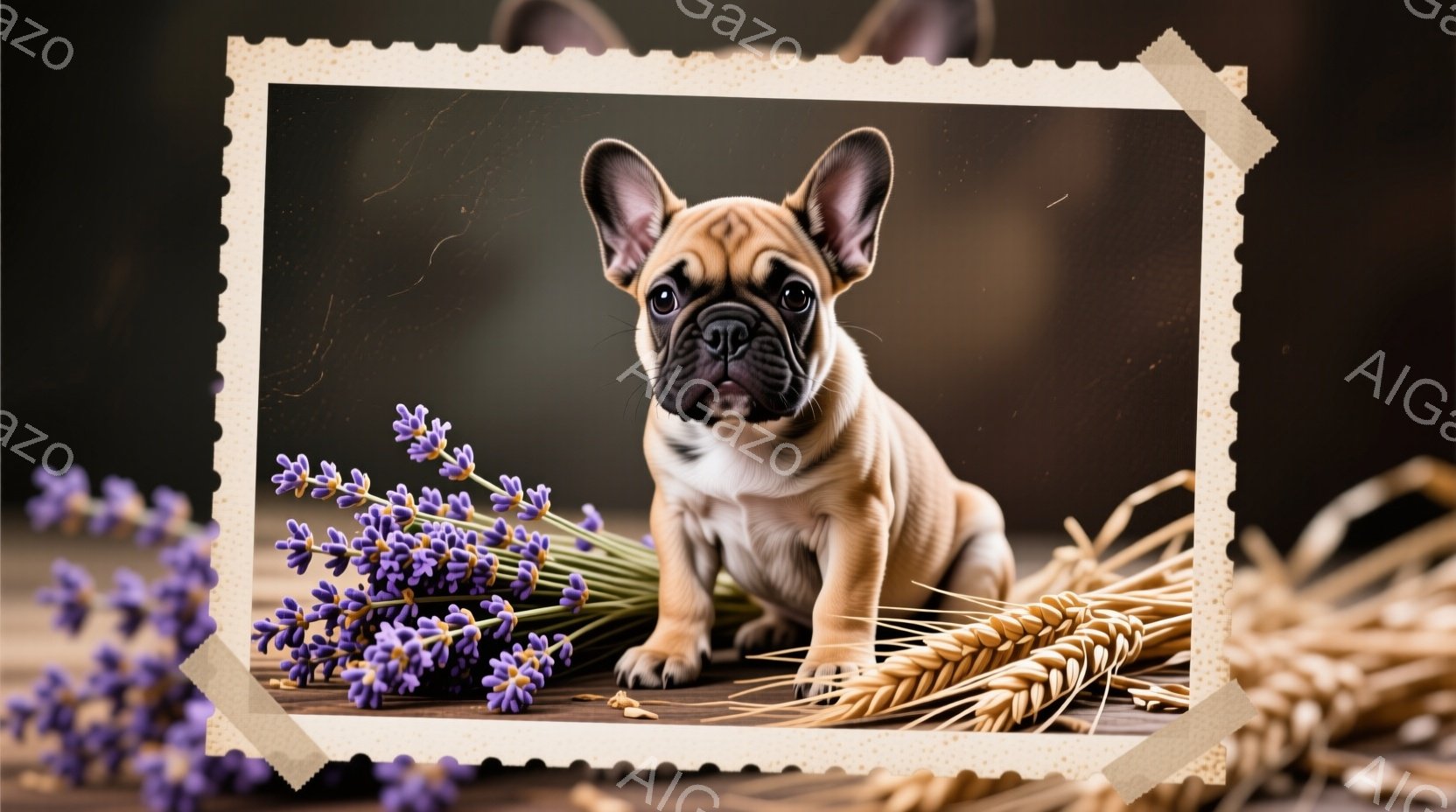 愛らしい子犬が、ラベンダーと麦の束に囲まれて座っています。子犬は明るい茶色い毛並みで、前を見つめており、穏やかで好奇心旺盛な表情をしています。背景は木製のテーブルで、全体的に暖かく、牧歌的な雰囲気が漂っています。