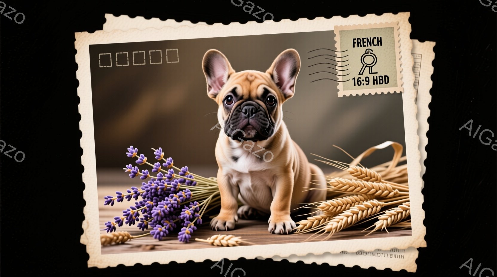 小さなフレンチブルドッグが、ラベンダーと麦の束の前に座ってこちらを見ています。子犬は明るい茶色の毛並みで、愛らしい表情をしています。背景は木製のテーブルで、暖かく、牧歌的な雰囲気を醸し出しています。