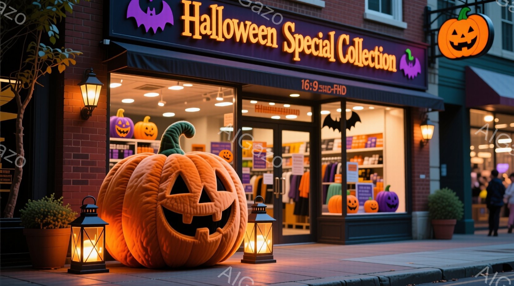 ハロウィーンの装飾がされたお店の正面が写っています。大きなジャック・オ・ランタンが店の前に置かれ、両脇には明かりが灯ったランタンが配置されています。背景にはレンガ造りの建物と木々が見え、ハロウィーンの特別なコレクションをアピールする看板が掲げられています。