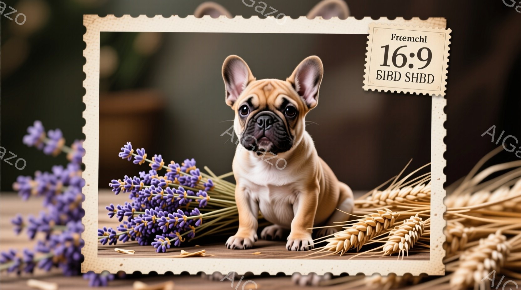 クリーム色の毛並みを持つフランスブルドッグの子犬が、木製のテーブルの上で正面を向いて座っています。背景にはラベンダーの花束と麦の穂が配置され、暖かく穏やかな雰囲気を醸し出しています。子犬は少し緊張した表情で、カメラの方をじっと見つめています。