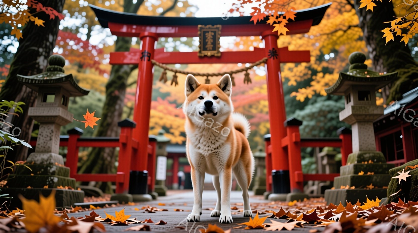 赤い鳥居が背景にあり、その前に柴犬が凛々と立っている。地面には紅葉が散りばめられ、秋の風景を演出している。柴犬は前をまっすぐ見据え、堂々とした姿勢で、周囲の美しい自然と調和している。