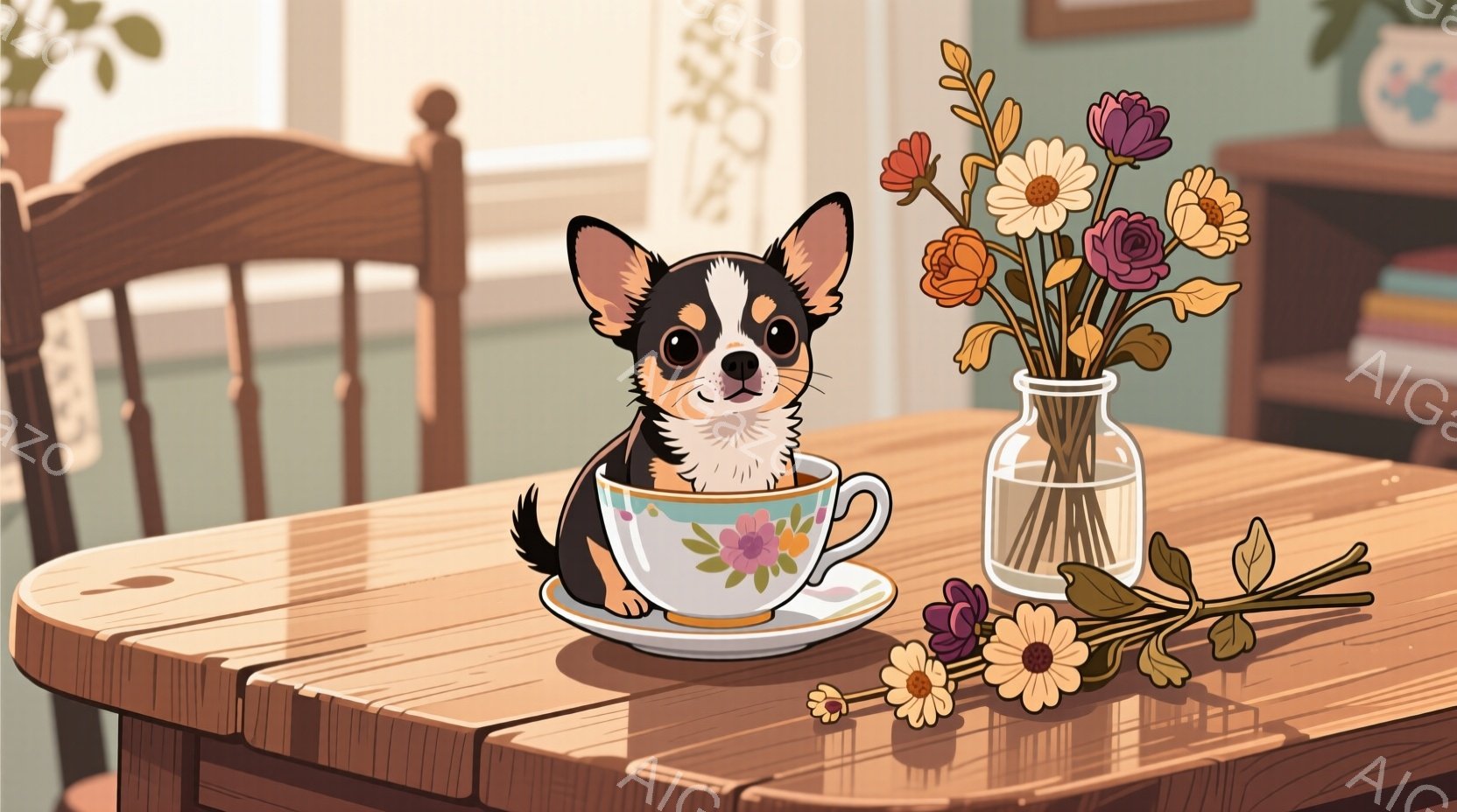 小さなチワワが、花柄のティーカップの中に座っています。木製のテーブルの上にティーカップと花瓶が置かれており、背景には家具と壁が見え、温かく穏やかな室内環境を示しています。全体的に、可愛らしく遊び心のあ - AI生成フリー素材