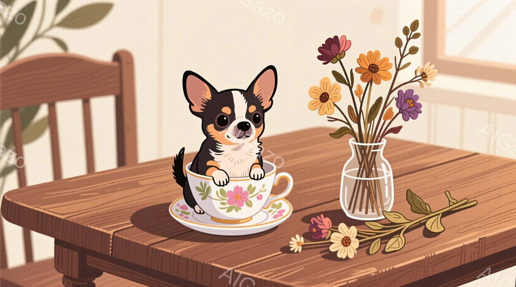 小さなチワワが、花柄のティーカップの中に座っており、前足を縁に乗せています。木製のテーブルの上には、花を活けたガラス瓶と、落ちた花びらが散らばっており、明るく穏やかな雰囲気です。背景はぼかされており、 - AI生成フリー素材