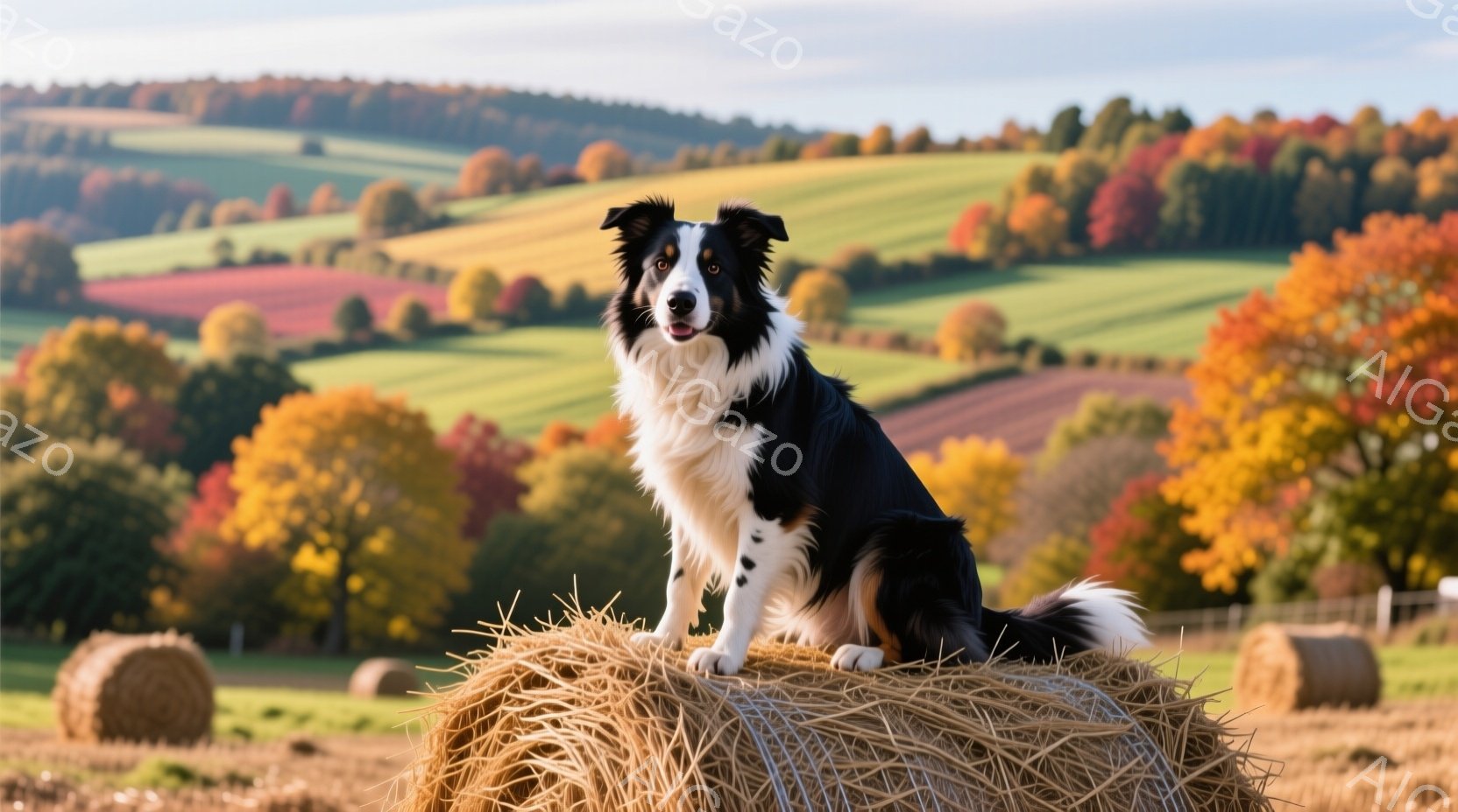 黒と白のボーダーコリーが、干し草の俵の上に座って正面を見つめています。背景には、秋色の紅葉した丘陵地帯が広がり、干し草の俵が点在する農地が広がっています。暖かく穏やかな秋の日の光が、牧歌的な雰囲気を醸し出しています。