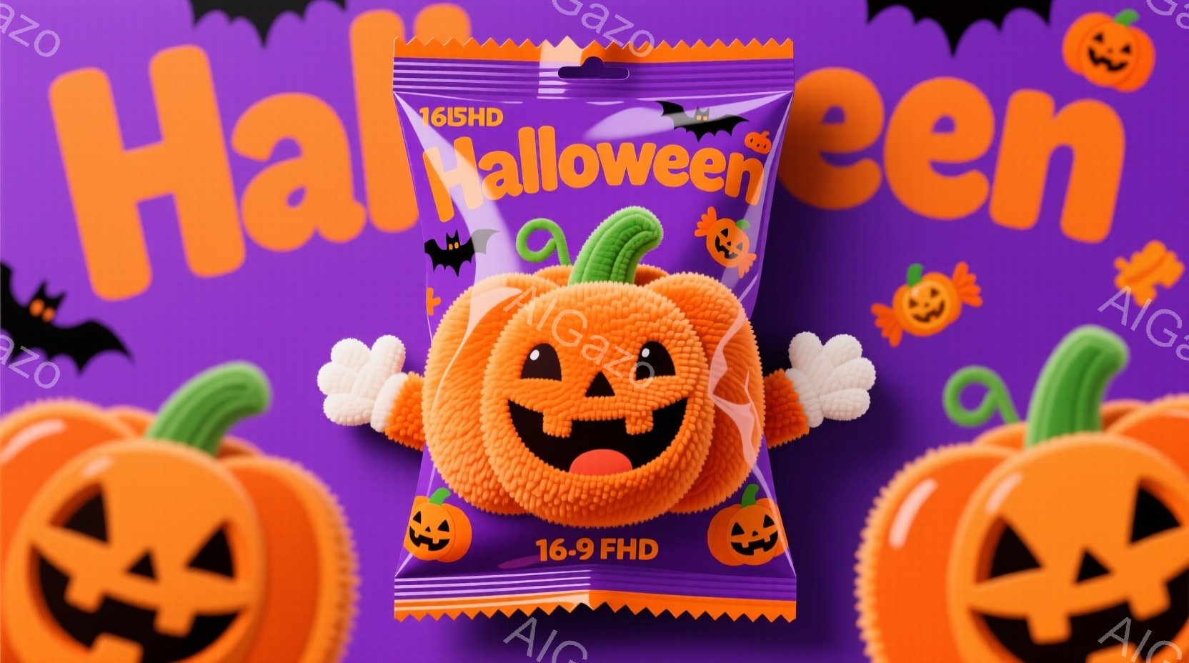 鮮やかな紫色を背景に、ハロウィーンをテーマにしたお菓子のパッケージが複数配置されています。包装紙はオレンジ色で、可愛らしいジャック・オ・ランタンのイラストが描かれ、周囲には黒いコウモリや緑色の植物が散 - AI生成フリー素材