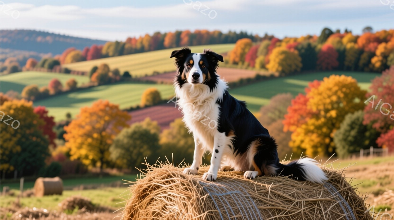 秋の風景を背景に、黒と白のボーダーコリーが丸い干し草の俵の上に座っています。犬はまっすぐに座り、カメラの方をまっすぐ見つめており、警戒心と知的な表情を浮かべています。背景には色とりどりの紅葉の木々と緑の丘が広がり、穏やかで美しい秋の雰囲気が漂っています。