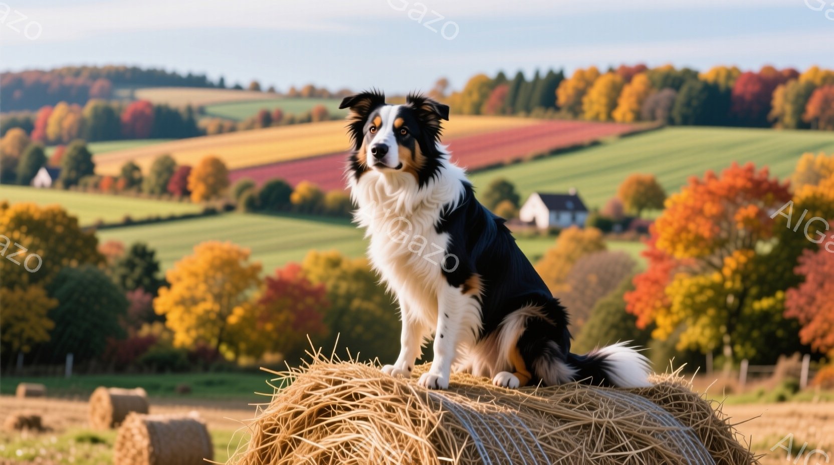 鮮やかな秋色の風景の中に、ボーダーコリーが干し草の俵の上に座ってこちらを見つめています。犬は黒と白の毛並みで、凛々しくも優しい表情をしています。背景には、紅葉で彩られた丘陵地帯と、遠くに見える家々が広 - AI生成フリー素材