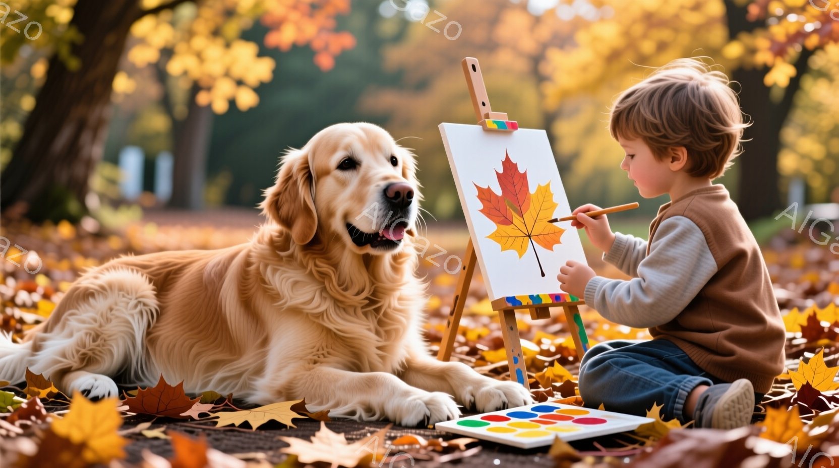 金髪の幼い男の子がイーゼルに向かって絵を描いており、横には穏やかな表情で横たわるゴールデンレトリバーがいる。男の子は茶色のセーターを着ており、地面には秋の落ち葉が散らばっている背景で、暖かく穏やかな雰囲気を醸し出している。自然光が差し込み、秋の色彩が豊かで、まるで絵画のような美しい光景だ。