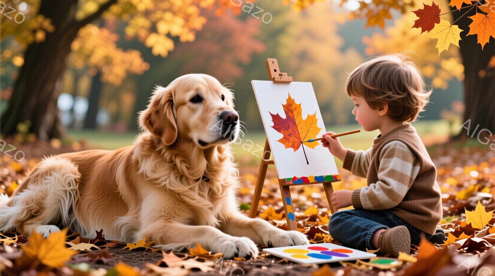 赤毛の少年が、秋の落ち葉をモチーフに絵を描いています。少年はセーターを着ており、少しカールした髪をしています。背景には鮮やかな紅葉の木々と、落ち葉が積もった地面が広がっており、暖かく穏やかな秋の雰囲気 - AI生成フリー素材