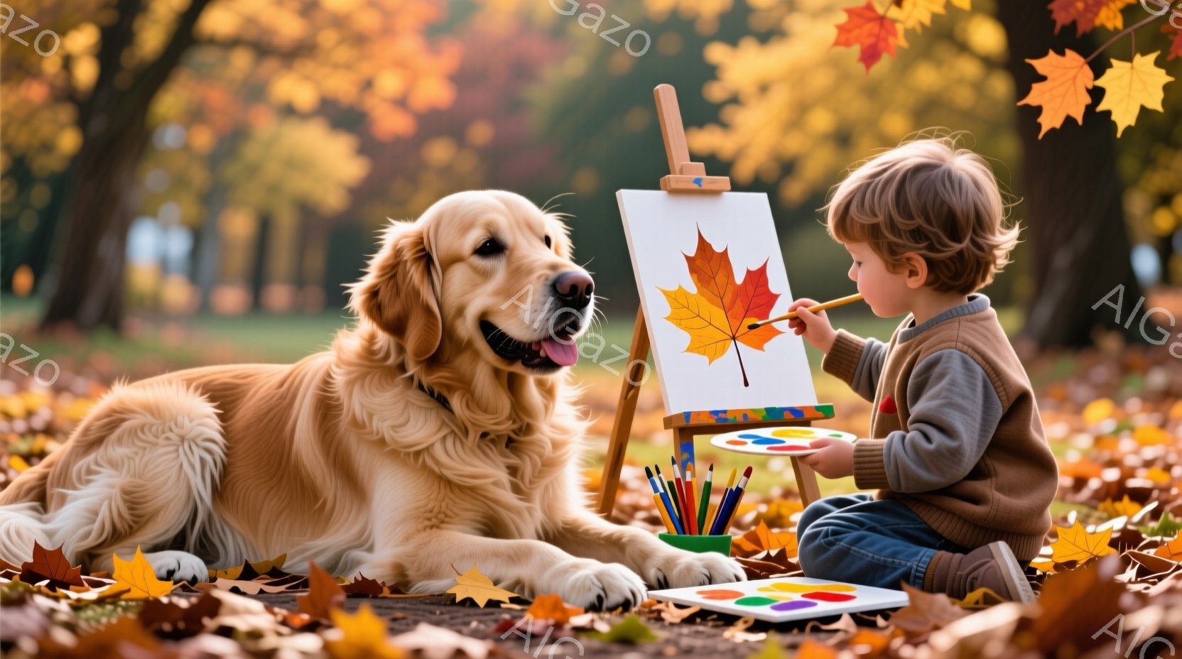金髪の少年が、秋の落ち葉が敷き詰められた地面に座って絵を描いています。少年はオレンジ色のセーターと濃い色のズボンを着用し、明るい笑顔を浮かべています。大きなゴールデンレトリバーが少年の横に寝そべり、楽しそうにこちらを見ており、背景には紅葉した木々と穏やかな秋の光が広がっています。