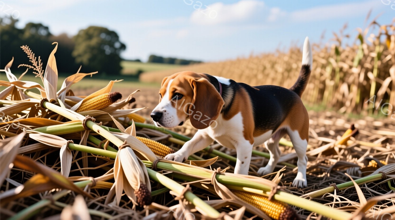 茶色と白の毛並みを持つビーグル犬が、乾燥したトウモロコシ畑の中で前方を凝視しています。犬は活発な姿勢で、鼻を地面近くに近づけ、何かを追跡しているかのように見えます。背景には、黄金色のトウモロコシ畑が広がり、穏やかな晴天の下、秋らしい雰囲気を醸し出しています。