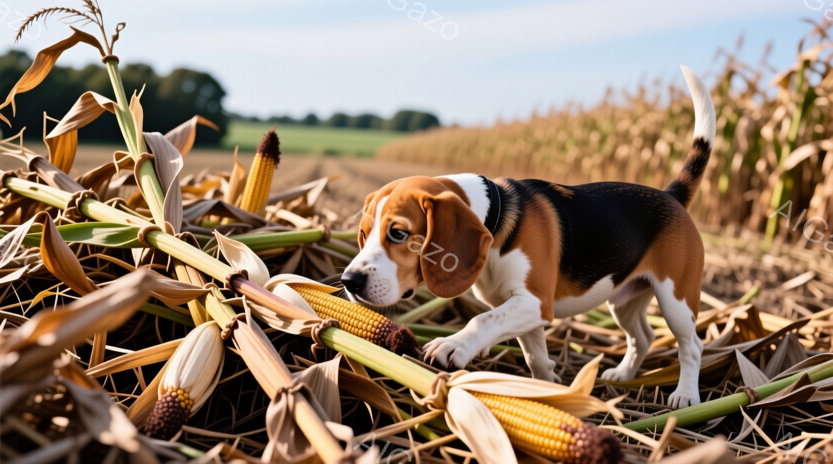 トウモロコシ畑の中で、ビーグル犬が地面に散らばったトウモロコシに鼻を近づけています。犬は明るい毛並みで、好奇心旺盛な表情で周囲を探索しているようです。背景には、黄金色に輝くトウモロコシ畑が広がり、晴れた空の下、穏やかな秋の雰囲気が漂っています。