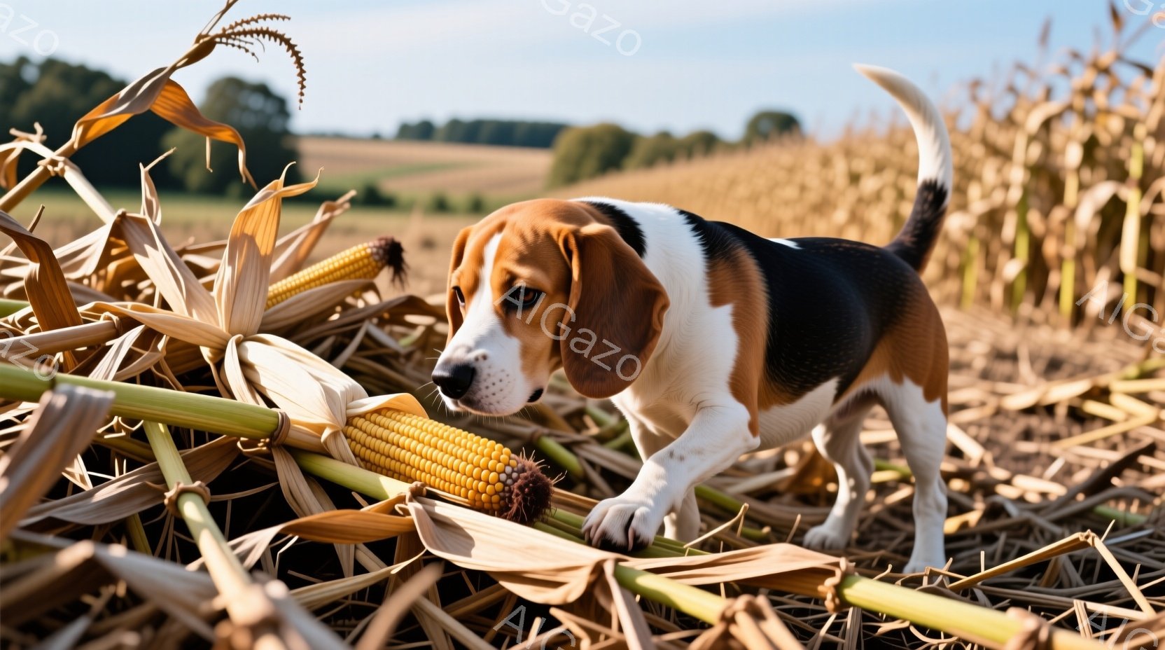 ビーグル犬がトウモロコシ畑で、地面に落ちているトウモロコシを鼻でつついている様子が写っている。背景には、黄金色のトウモロコシ畑が広がり、遠くには緑の木々が見える晴れた日の風景だ。暖かく、自然な雰囲気で、犬は好奇心旺盛に周囲を探索しているように見える。
